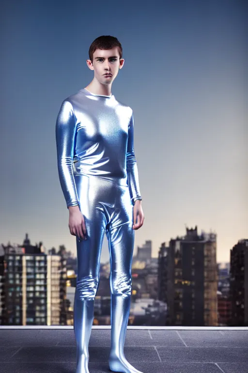 Image similar to un ultra high definition studio quality photographic art portrait of a young man standing on the rooftop of a british apartment building wearing soft baggy inflatable padded silver iridescent pearlescent clothing. three point light. extremely detailed. golden ratio, ray tracing, volumetric light, shallow depth of field. set dressed.