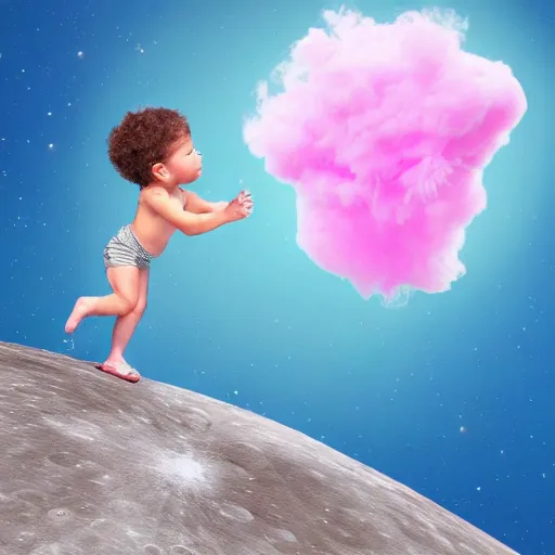 Prompt: A child, climbing on a tree made out of cotton candy on the moon, digital art