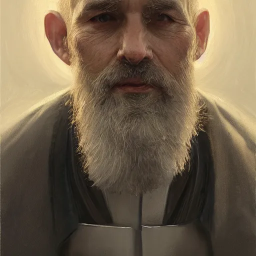 Image similar to An oil painting of a man dressed in priest robes, 50 years old, short grey hair, trimmed beard, sharp facial features, beautiful, highly detailed, by Cédric Peyravernay, trending on artstation