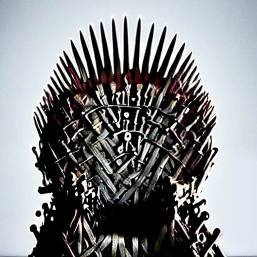 Prompt: the iron throne is an asymmetric monstrosity of spikes and jagged edges and twisted metal. the throne was constructed by aegon i targaryen from the melted, twisted, beaten, and broken blades surrendered by his enemies, or wrenched from the hands of the dying. according to the songs, it took a thousand blades to make.