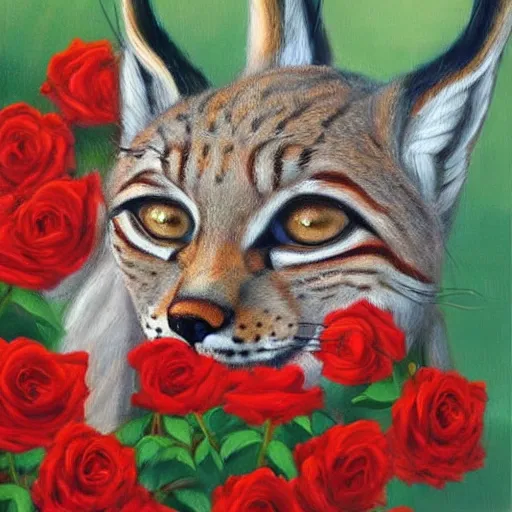 Prompt: an oil painting of a lynx waring a crown of roses, high quality art,