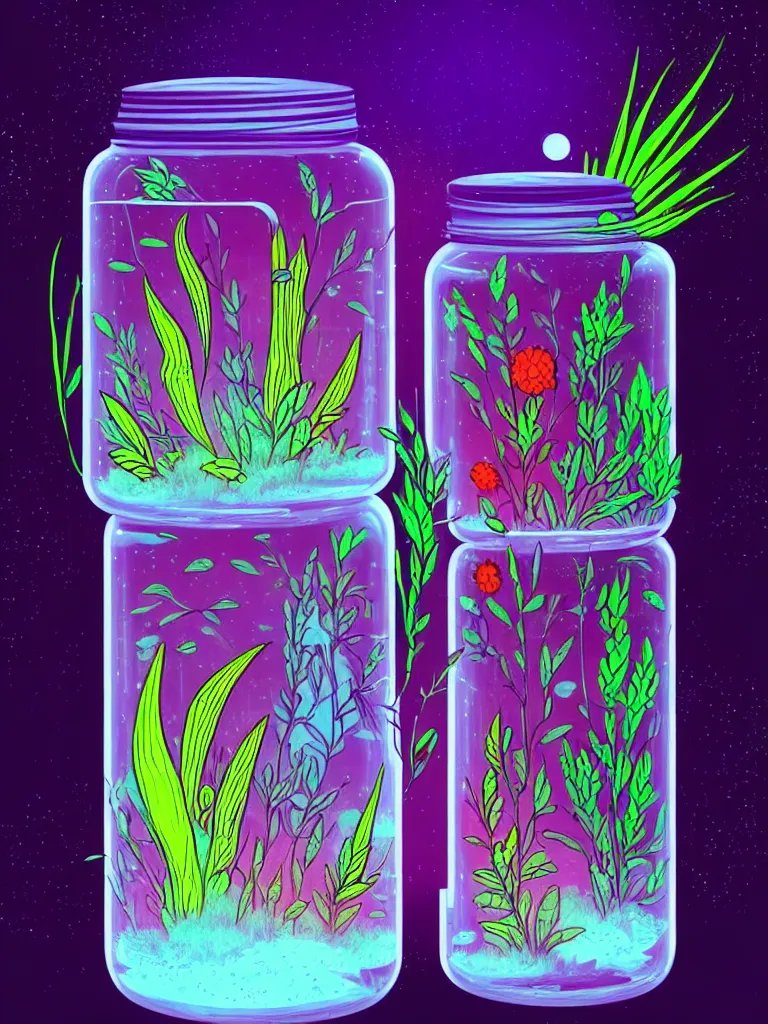 Image similar to concept art. illustration. sci - fi. multicolour strange weird plants and flowers from a different planet in a closed jar. high sci - fi. holographic, beautiful, ethereal
