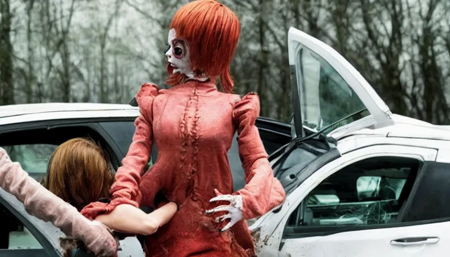 Image similar to big budget horror movie about an evil killer doll jumping on a woman driving a car