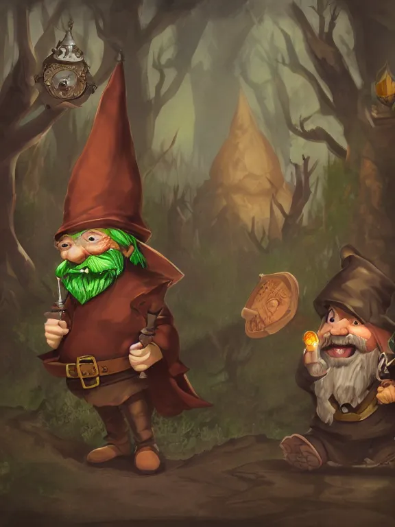 Image similar to evil alchemist gnome, brown tuffle coat, evil smile, flasks in hands, giving flasks to other gnomes, dnd, forest background, matte painting, midjourney