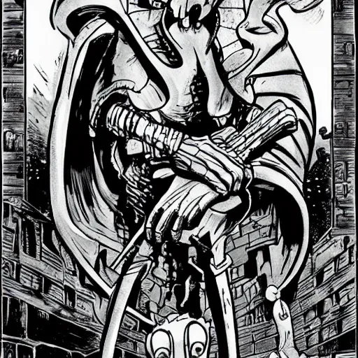 Prompt: squidward as a dark souls boss by Wally Wood