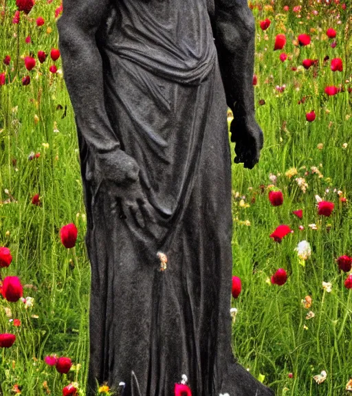 Prompt: mystical black death god figure standing in tall meadow of flowers, film photo, grainy, high detail, high resolution