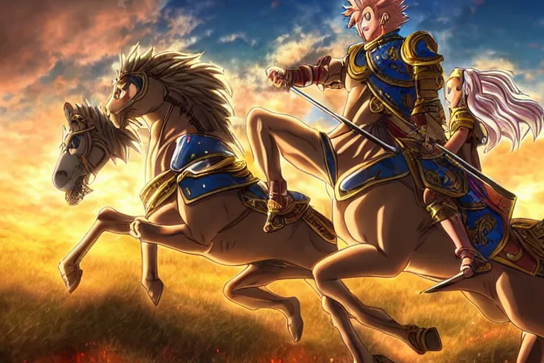 Prompt: an ultra detailed portrait of king richard the lionhearted as a shonen anime protagonist attacking riding a horse in gold armor, 8 k, volumetric lighting, in the style of disney, art by kentaro miura and akira toriyama