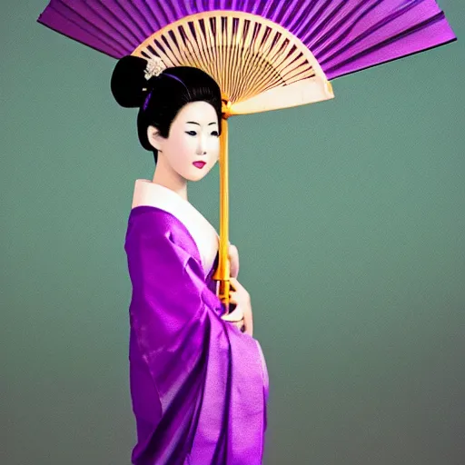 Prompt: Japanese geisha with beautiful violet paper fan, 4k photography, 30 mm lens, cinematic light, warm atmosphere, in style of Kar Wai Wong