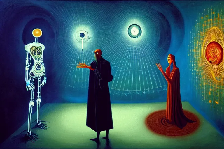 Prompt: a beautiful masterpiece painting of a cybernetic wizard discussing sentience with his AI by Remedios Varo and Anato Finnstark