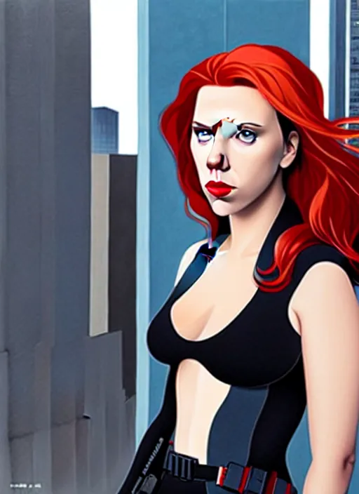 Image similar to phil noto, pretty scarlett johansson black widow, symmetrical eyes, long red hair, full body, city rooftop