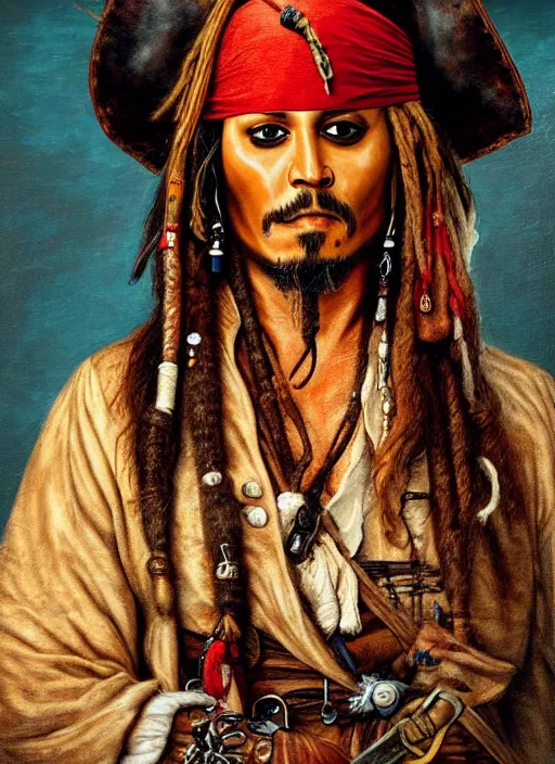 Image similar to Painting of Jack Sparrow. Art by Giuseppe Arcimboldo. During golden hour. Extremely detailed. Beautiful. 4K. Award winning.