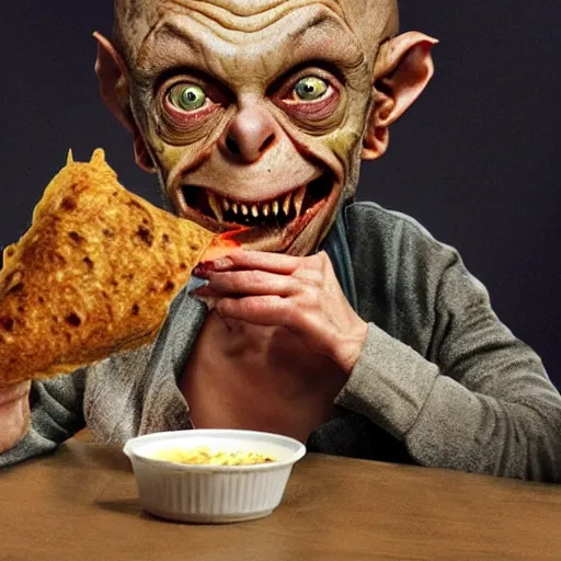 Image similar to Gollum eating a messy burrito