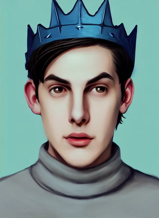 Image similar to portrait of teenage jughead jones wearing a light grey crown, crown, blue turtleneck, 1 9 5 0 s, closed eyes, photorealistic, black hair, glowing lighting, intricate, elegant, glowing lights, highly detailed, digital painting, artstation, concept art, smooth, sharp focus, illustration, art by wlop, mars ravelo and greg rutkowski