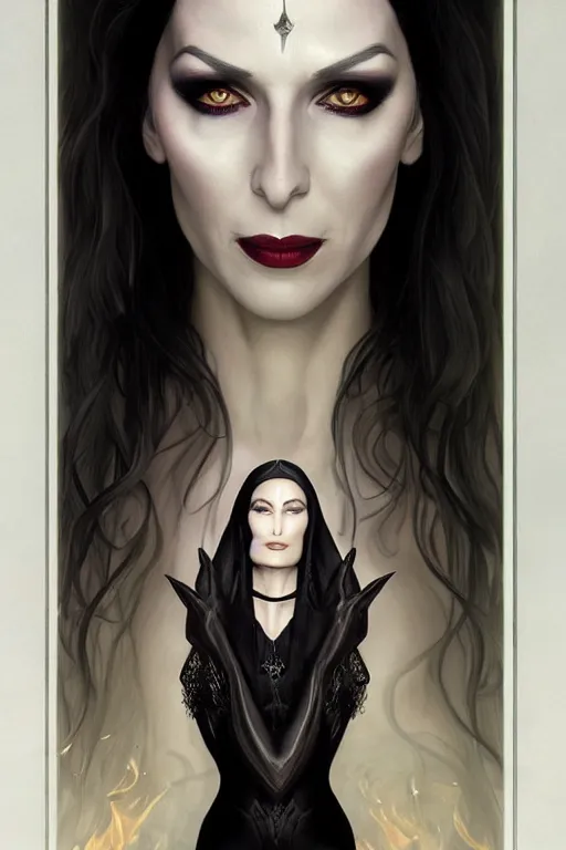 Image similar to ultra realistic illustration, claudia black as morticia addams from baldurs gate and diablo, intricate, elegant, highly detailed, digital painting, artstation, concept art, smooth, sharp focus, illustration, art by artgerm and greg rutkowski and alphonse mucha