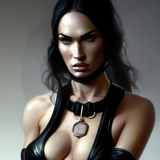 Image similar to portrait of megan fox with ball gag in mouth, muscular upper body, collar, greek, jewelry, black dress, fantasy, intricate, elegant, highly detailed, digital painting, artstation, concept art, matte, sharp focus, illustration, art by aenaluck and roberto ferri and greg rutkowski, epic fantasy, digital painting