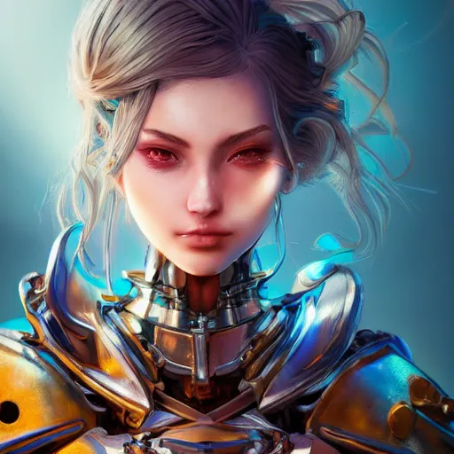 Image similar to studio portrait of lawful good colorful female holy mecha paladin absurdly beautiful, elegant, young sensual graceful woman, ultrafine hyperrealistic detailed face illustration by kim jung gi, irakli nadar, intricate linework, sharp focus, bright colors, matte, octopath traveler, final fantasy, unreal engine highly rendered, global illumination, radiant light, intricate environment