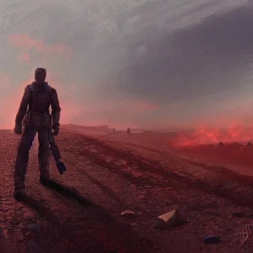 Prompt: a lonely wanderer from fallout walks along a lonely road into the sunset through the scorched wastelands, artstation