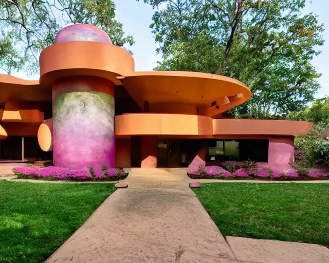 Prompt: the exterior of a house designed by lisa frank and frank lloyd wright