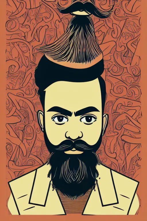 Image similar to portrait of an indian man with moustache and beard like virat kohli, art by butcher billy, sticker, colorful, illustration, highly detailed, simple, smooth and clean vector curves, no jagged lines, vector art, smooth