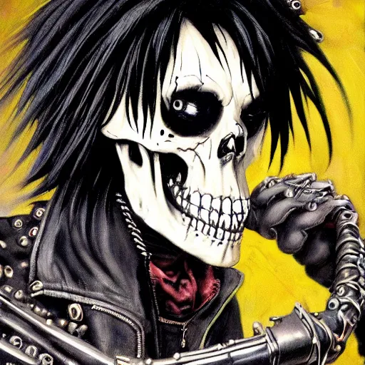 Image similar to a portrait of the grim reaper as a punk rocker, punk, skeleton face, mohawk, dark, fantasy, leather jackets, spiked collars, spiked wristbands, piercings, boots, electric guitars, motorcycles, ultrafine detailed painting by frank frazetta and vito acconci and takeshi obata, death note style, detailed painting