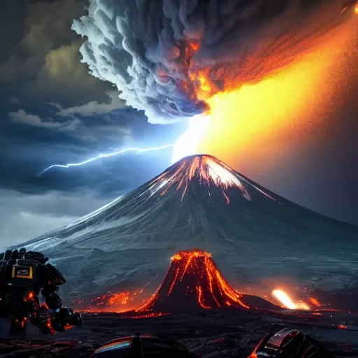 Image similar to a battle between mecha next to an erupting volcano, dark, dramatic lighting, lightning, apocalypse, warhammer 4 0 k