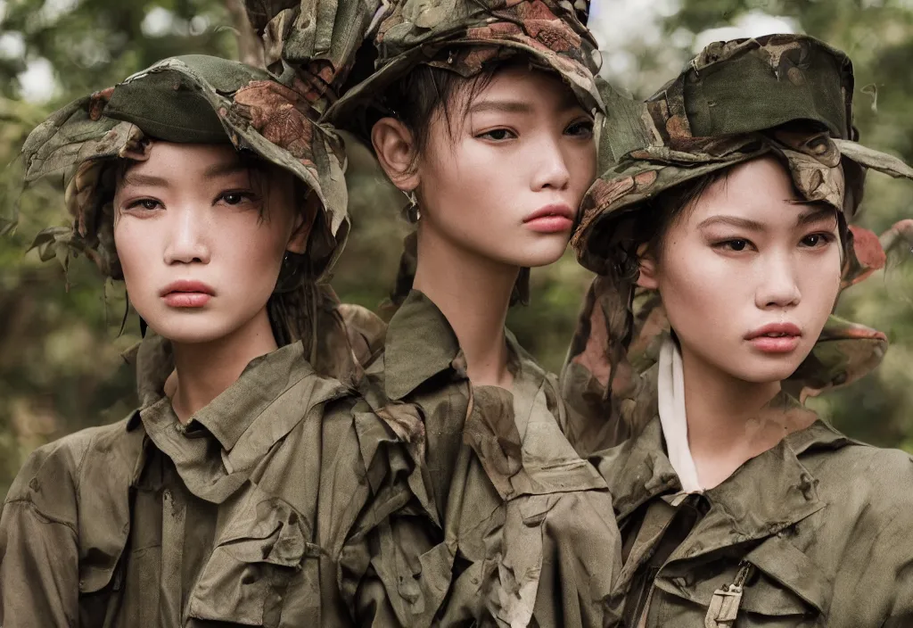 Image similar to fashion editorial in vietnam war. hyperrealistic. detailed. depth of field. high definition. 8k. depth of field. photography.