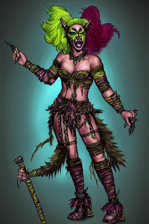 Prompt: fantasy artwork of an orc that is a drag queen, drag queen orc in frilly ballgown