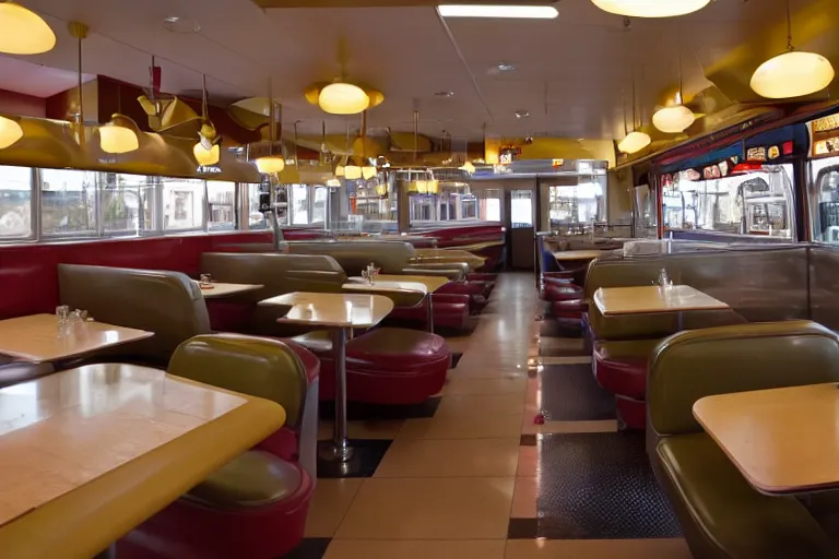 Prompt: 2001 y2k diner, extending forever into the infinite horizon 85mm f/11 interior photography two point perspective