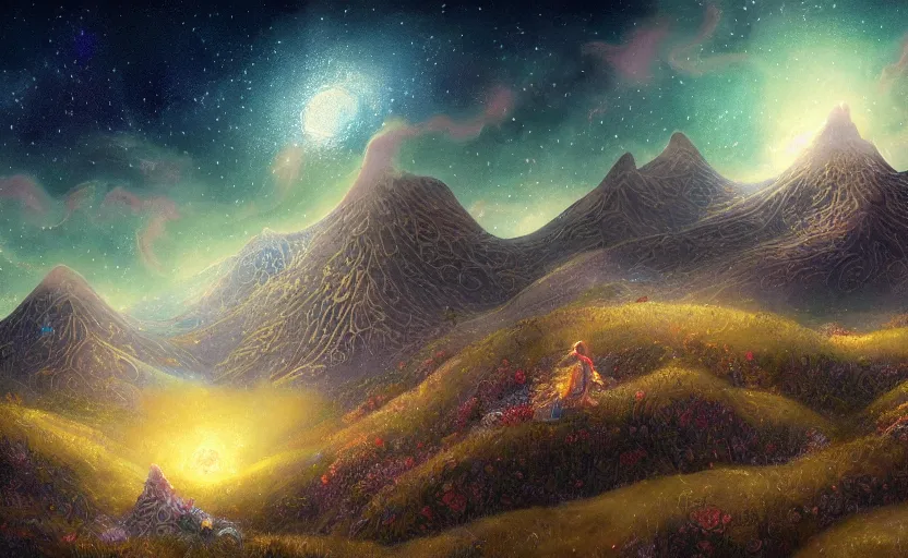 Prompt: mountains, stars and paisley filled sky, artstation, intricate, highly detailed, digital painting, concept art, sharp focus, illustration by Benjamin Lacombe and Yoshitaka Amano