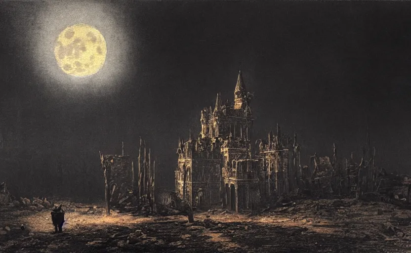 Prompt: a picture in high contrast by vasily vereshchagin of burning!!! gothic! castle in smoke and ashes by the village, full moon in clouds!, visual art, 8 k resolution, 3 d modelling, hard lighting, masterpiece, vray