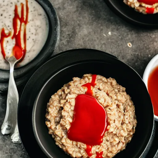 Image similar to oatmeal with ketchup on top, professional food photography,