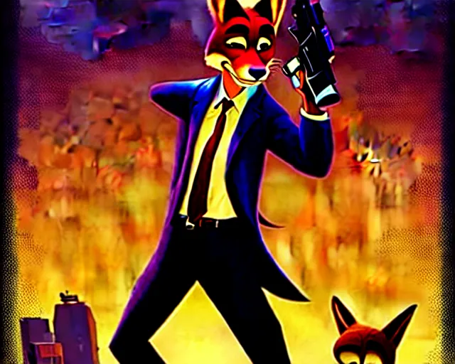 Image similar to nick wilde as max payne in max payne 3 set in gritty neo - noir zootopia, favela level