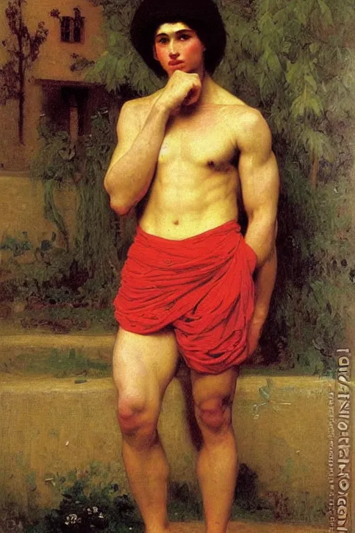 Prompt: Portrait of a young muscular Russian olympic athlete man, orientalist, victor Nizovtsev, bouguereau