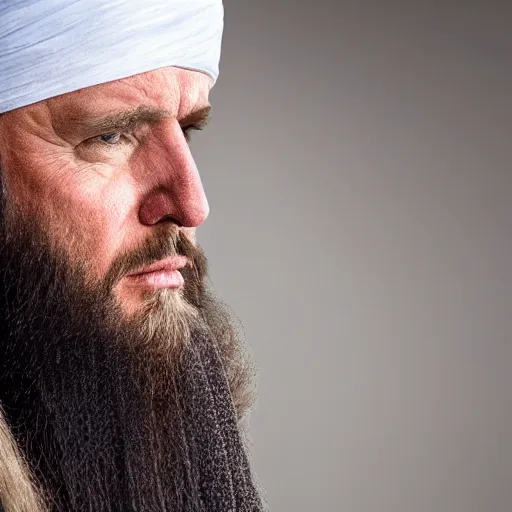 Image similar to a portrait of donald trump wearing a long beard and a turban joining the taliban, fine details, close up, 8 k photography, depth of field, bokeh. i