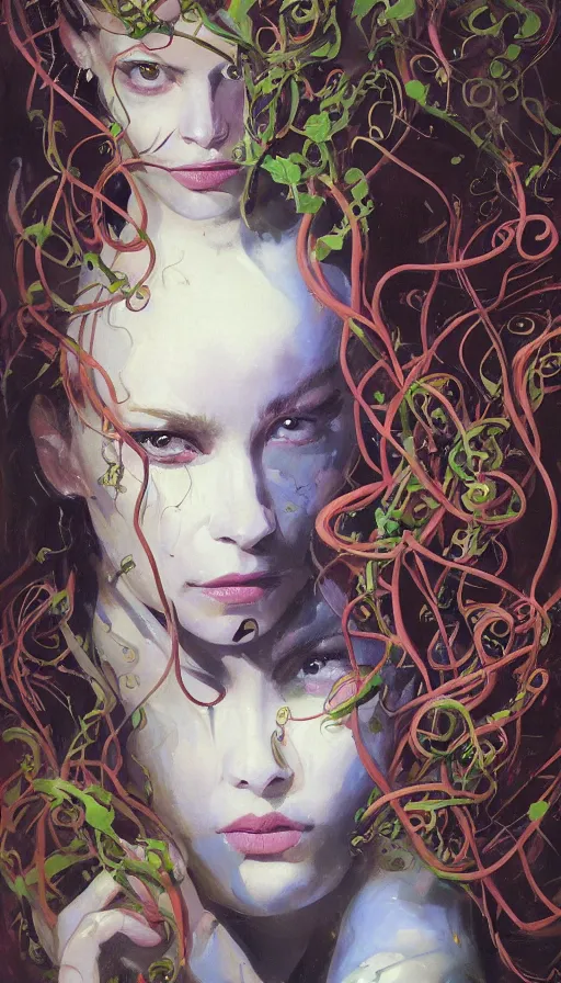 Prompt: very detailed portrait of a 2 0 years old girl surrounded by tentacles, the youg woman visage is blooming from fractal and vines, by john berkey