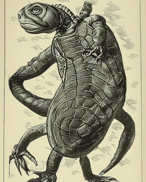 Prompt: A victorian naturalist\'s illustration of a ninja turtle, anatomical notes with labels, pen and ink
