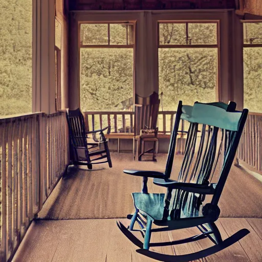 Image similar to a bible book set on top a rocking chair on a rural southern porch