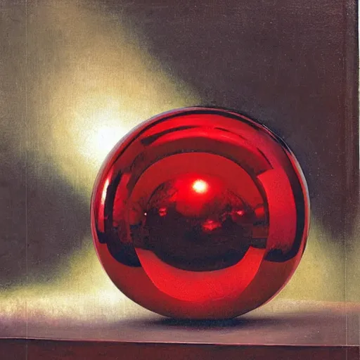 Prompt: chrome spheres on a red cube by adolf hiremy hirschl