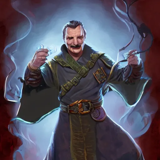 Prompt: Mustachioed Liam Neeson as Burl Gage, Antimage, casting Eldritch Bolt, iconic Character illustration by Wayne Reynolds for Paizo Pathfinder RPG