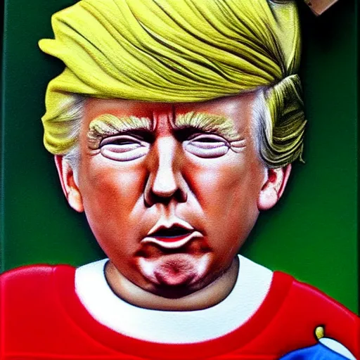 Image similar to donald trump as a little boy in tears, kitschy painting