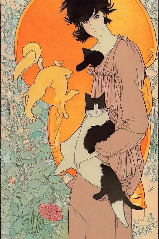 Prompt: a girl playing with a cat by studio ghibli and mucha ,Visual Communication Design Refreshing colour ,orange slices
