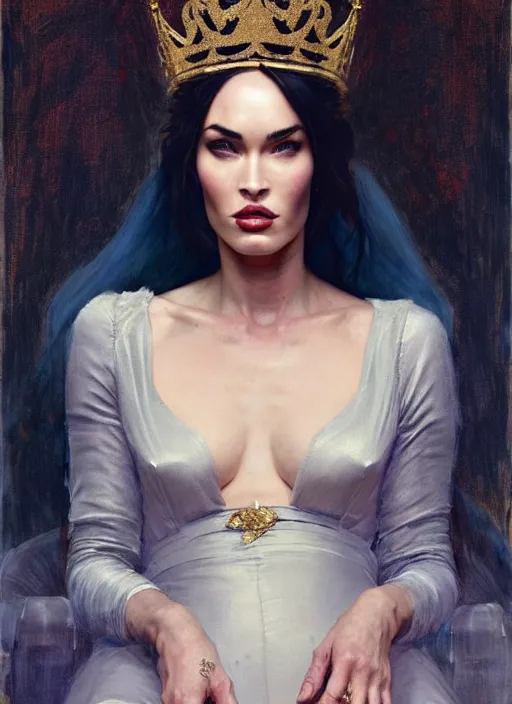 Image similar to megan fox dressed like a queen on a throne, calm, fantasy character portrait, dynamic pose, above view, artwork by jeremy lipkin and giuseppe dangelico pino very coherent asymmetrical artwork, sharp edges, perfect face, simple form, 1 0 0 mm