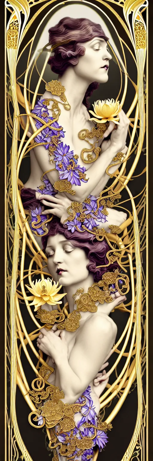 Prompt: the source of future growth dramatic, elaborate emotive Art Nouveau styles to emphasise beauty as a transcendental, seamless pattern, symmetrical, large motifs, hyper realistic, 8k image, 3D, supersharp,Art nouveau 3D curves and swirls, Glass and Gold pipes, realistic vibrant lotus and lily flowers satin ribbons pearls and gold chains, iridescent and black and shiny gold colors , perfect symmetry, iridescent, High Definition, sci-fi, Octane render in Maya and Houdini, light, shadows, reflections, photorealistic, masterpiece, smooth gradients, no blur, sharp focus, photorealistic, insanely detailed and intricate, cinematic lighting, Octane render, epic scene, 8K