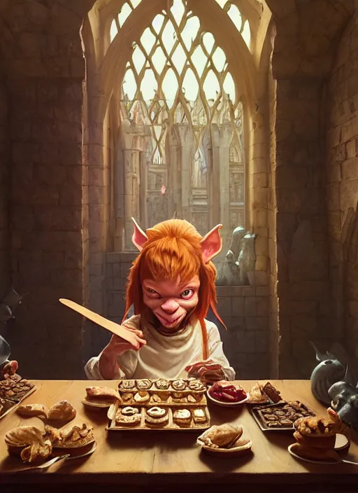 Prompt: highly detailed portrait of a medieval goblin eating cakes in a castle, stephen bliss, unreal engine, greg rutkowski, loish, rhads, beeple, makoto shinkai and lois van baarle, ilya kuvshinov, rossdraws, tom bagshaw, tom whalen, alphonse mucha, global illumination, god rays, detailed and intricate environment