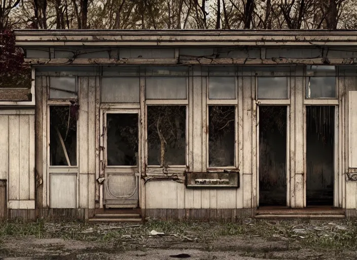 Prompt: exterior of an abandoned american diner, taken over by nature, gothic style, hyperrealistic and beautiful painting, 8 k resolution, by hugh ferris and john smith, polished, fine detail, intricate, smooth, octane, concept art, trending on artstation