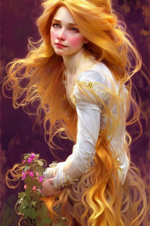 Image similar to rapunzel gold hair, painting by daniel gerhartz, alphonse mucha, detailed art, artstation