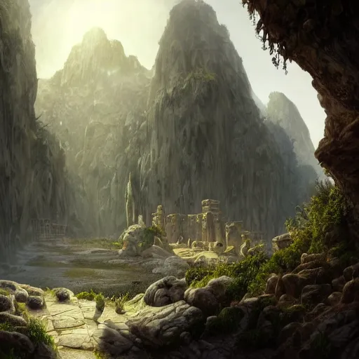 Prompt: a beautiful hyper realistic detailed matte painting of the entrance to a dungeon of the gods at the base of an ancient mountain, dramatic lighting, dynamic lighting, cinematic lighting, lit by morning light, by raphael lacoste and john howe and andreas rocha, unreal engine, featured on artstation, ultrawide angle, f 8, polarizer filter : 1 0