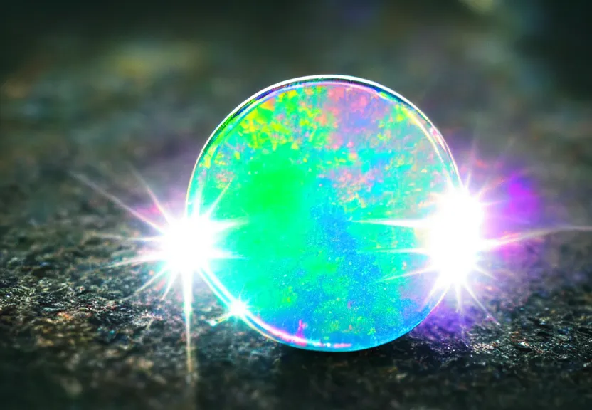 Image similar to iridescent gemstone, refraction, shining, opal, diamond, sapphire, topaz, nature, photo, blur, macro lens, lens flare