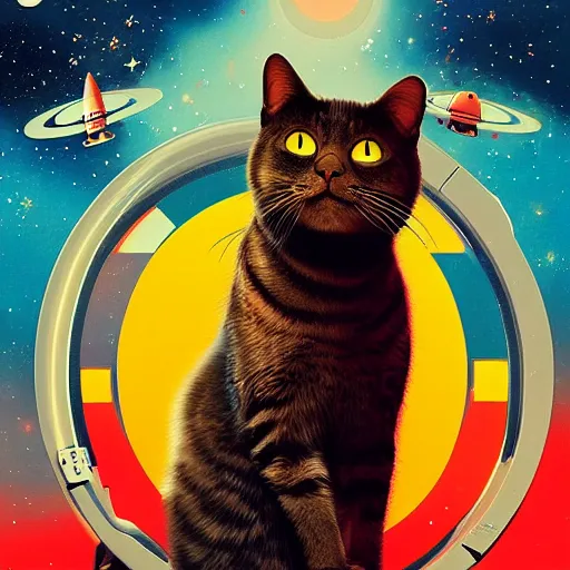 Image similar to a retro movie poster for a sci - fi film about cats in space designed by al kallis 8 k