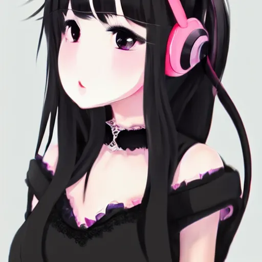 Image similar to realistic beautiful gorgeous buxom natural cute blushed shy girl Blackpink Lalisa Manoban black hair cute fur black cat ears, wearing white camisole, headphones, black leather choker artwork drawn full HD 4K highest quality in artstyle by professional artists WLOP, Taejune Kim, Guweiz on Pixiv Instagram Artstation